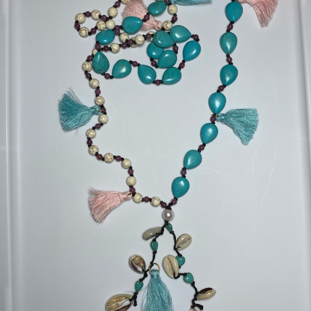 Handmade Lapodite Cowie Shell Howlite Pearl Tassel Carribean Style Necklace